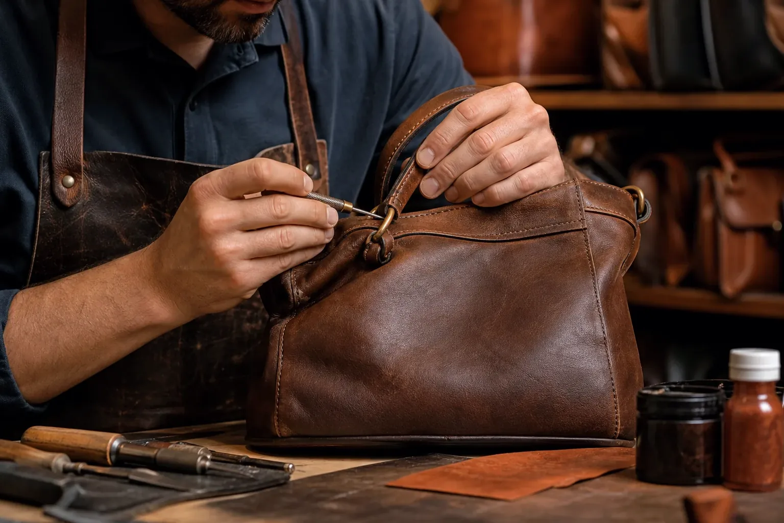 Sapateiro reformando uma bolsa de couro em Cariacica.